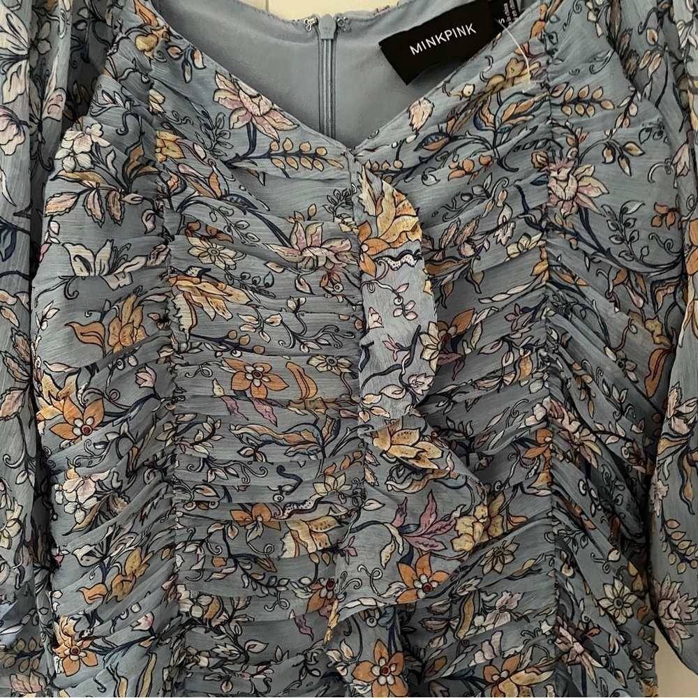 Mink Pink Blue Floral Dahlia Ruched Dress - Picture 9 of 16